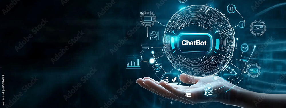 Aufkleber chatbot globe network ai communication, chatbot hologram in hand flooding, utilizing artificial inte