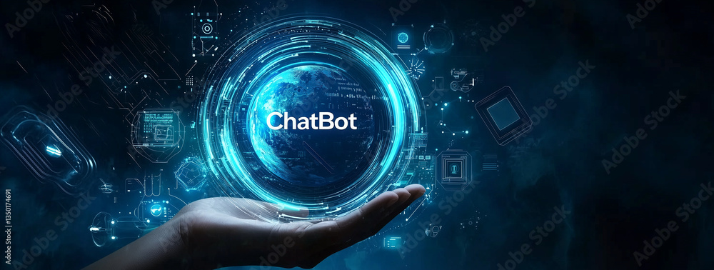 Poster chatbot globe network ai communication, chatbot hologram in hand flooding, utilizing artificial inte