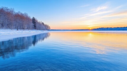 Fototapeta premium Winter sunrise over a frozen lake. Calm, pristine, and serene winter landscape with frosted trees lining a still, clear lake, reflecting the vibrant sunrise