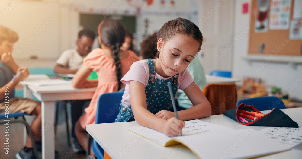 Aufkleber writing, student and learning with girl in classroom for education, future and youth. scholarship, a