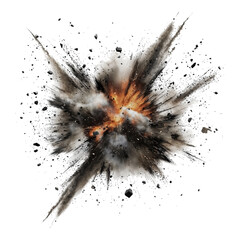 Explosion with radiating debris smoke and bright orange center dynamic abstract pattern isolated on png transparent background