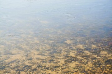 Flusslandschaft mit gelb-braunem sandigen Boden unter Wasser bei Nebel und Sonnenuntergang am Abend im Frühling