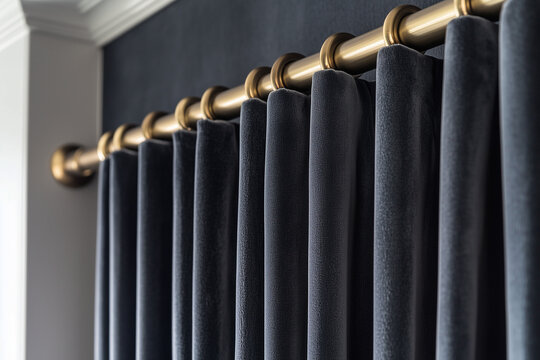 Luxurious soft charcoal velvet drapes paired with elegant brass curtain exude sophistication and timeless glamour