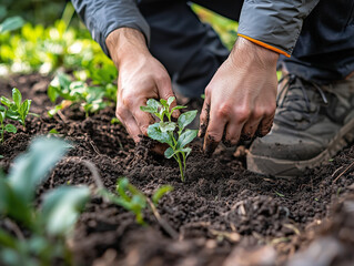 A close-up shot of a person planting a young tree in rich soil, with green leaves emerging from the ground.