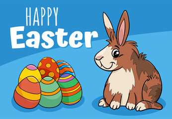 cartoon Easter Bunny with colored eggs greeting card