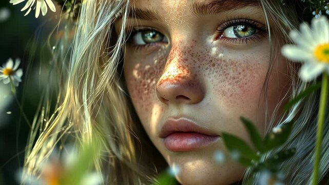 Beautiful young woman with freckles and flower crown. Girl with blurry face on the background. Model faces a daisies in a bouquet of flowers. A lovely young lady adorned with lifestyle freckles and a.