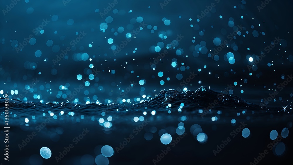 Poster water droplets create mesmerizing reflections and patterns in a tranquil blue setting during late ev
