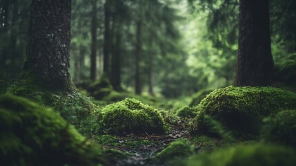 Fototapeta premium Moss-covered rocks and trees in foggy green forest