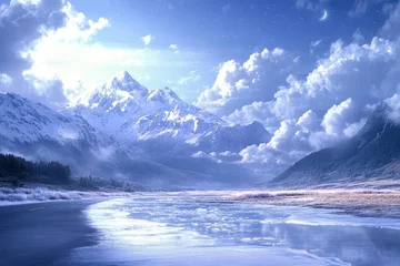 Serene winter landscape  snow-capped mountains reflected in a frozen river, under a dramatic sky