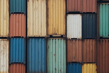 Fototapeta premium Shipping yard filled with stacked containers showcasing vibrant colors and chaotic arrangement during daylight hours