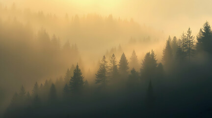 Foggy Forest Landscape with Evergreen Trees and Warm Morning Light