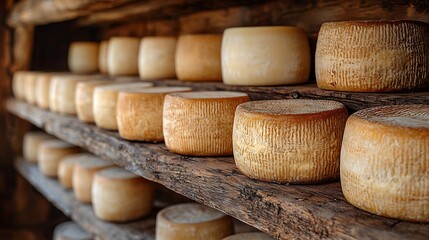 Interior of a Basque cheese making workshop with wheels of Idiazabal cheese aging on wooden shelves captured with a prime lens