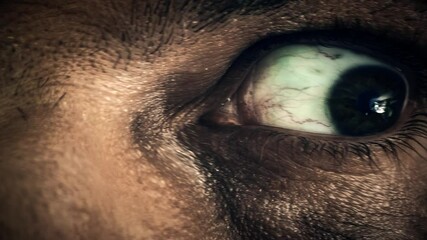 Primal gaze macro: a man's eye moving fast, heavy displacement effect suggesting drug use or nightmares. Perfect for psychological thrillers or abstract visual narratives.
