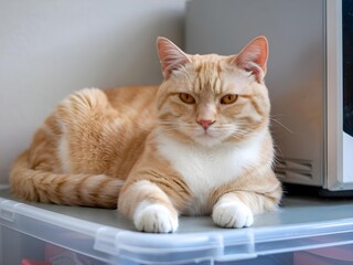 Ginger Cat Relaxing Indoors on White Desk – Calm Pet Portrait
