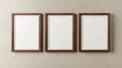 Fototapeta premium Three empty wooden frames are displayed against a plain wall, ready for artwork or photographs.