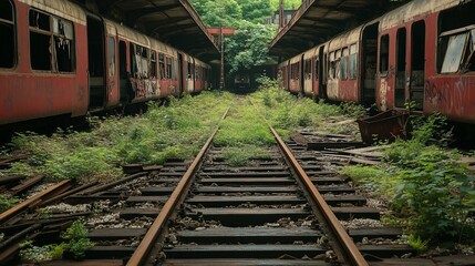 Fototapeta premium Abandoned train tracks overgrown with vegetation