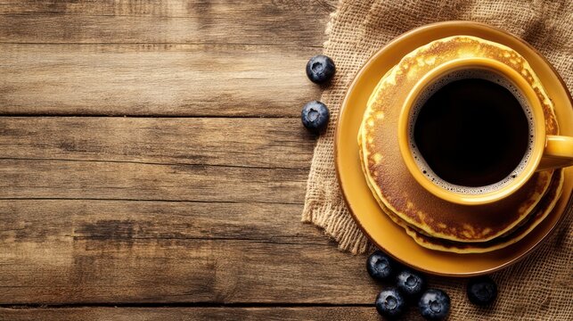 Coffee, pancakes, blueberries, rustic wood, breakfast, overhead, food photography, website banner