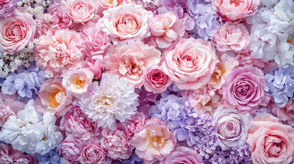 A breathtaking floral arrangement with soft pink, lilac, and white roses and hydrangeas. Romantic, elegant, and rich in texture, ideal for decor and fine art.