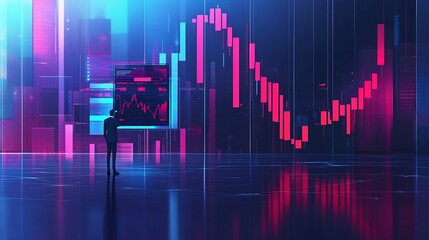 A crypto expert in a digital setting analyzing AR floating candle charts with AI-driven algorithmic forecasts 