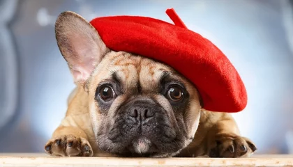  A cute French bulldog wearing a red beret  blurred background of Paris  selective focus © intricateflow
