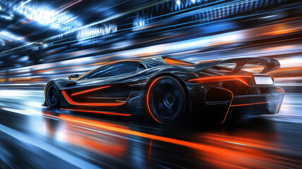 Fototapeta premium Futuristic sports car driving through the city