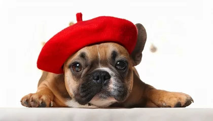Gordijnen A cute French bulldog wearing a red beret  blurred background of Paris  selective focus © intricateflow