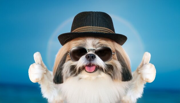 A happy shitzu wearing a fedora with sunglasses giving a thumbs up