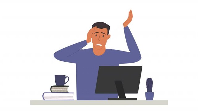 Animation of emotional burnout. A tired male employee is sitting at a desk. Emotional burnout of an employee.Hard work. A long day at the office. Mental health problems.