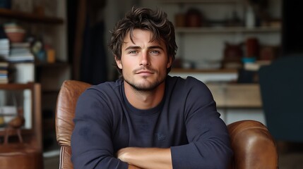 Handsome man sitting in leather armchair.