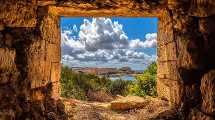 Stone window frame, coastal view, ruins, sunny sky, travel