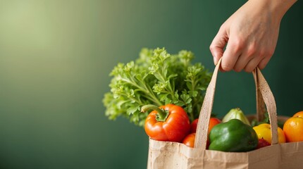 A reusable bag filled with fresh vegetables and fruits, symbolizing eco-friendly shopping and sustainable living. Vibrant, organic, and healthy lifestyle concept.
