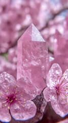 Fototapeta premium Beautiful pink crystal surrounded by delicate cherry blossom flowers in springtime garden