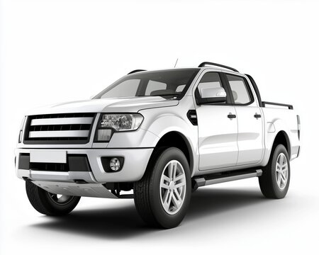 Modern white double-cab pickup truck isolated on white background, 3D render of a 4x4 off-road commercial vehicle, automotive and transportation industry concept.
