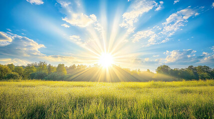 Serene sunrise over a lush green field with rays of sunlight illuminating the landscape
