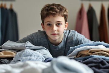Obraz premium Boy organizing clothes on a table in a tidy room during daylight hours