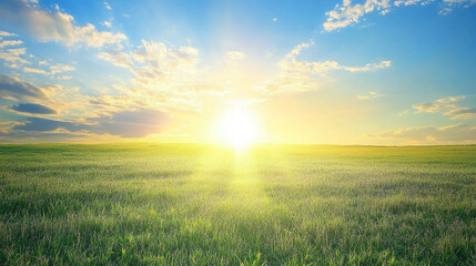 Serene sunrise over a lush green field, with vibrant clouds and a clear blue sky in the background