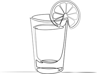 Minimalist one-line drawing of a tequila shot with a lemon slice. Elegant continuous line vector illustration, perfect for bar menus, cocktail designs, and beverage branding