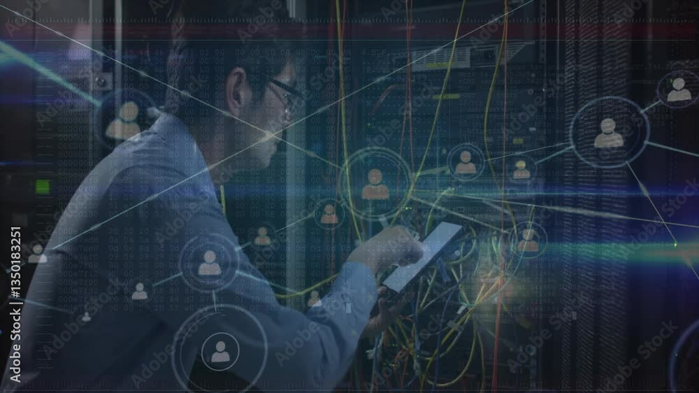 Poster person using tablet with network connections and data processing animation overlay