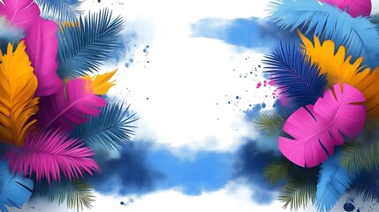 Tropical leaves with vibrant colors, and banner.