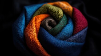 Multicolored patterned fabric swirls in a rose shape