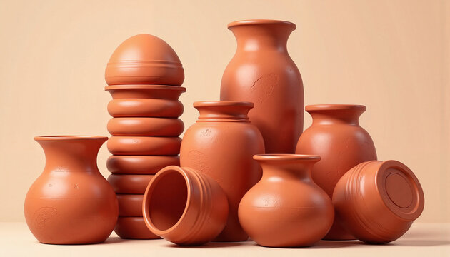 Artistic arrangement of stacked terracotta pots with glaze variations, craftsmanship