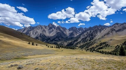 Fototapeta premium Mountain valley scenic landscape, sunny day, clouds, travel poster