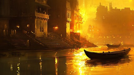 Golden river city at sunset