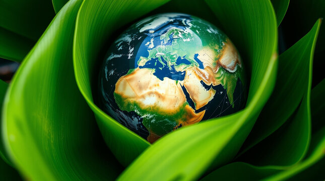 globe on green leaves symbol of environment idel for environment day and earth day and world cleaning day