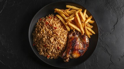 Peruvian dish on black stone table with Chaufa rice chicken and fries