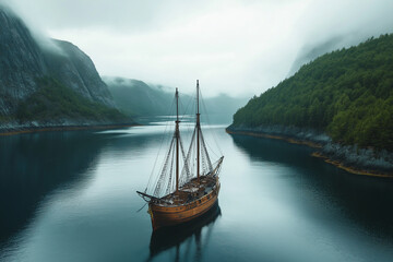 Savor Timeless Nautical Charm with a Beautiful Wooden Schooner Moored in a Scenic Bay Gracefully
