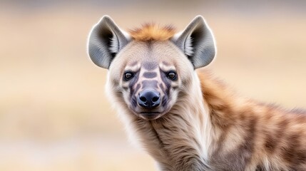 Close-up of a spotted hyena, facing forward, with intricate markings