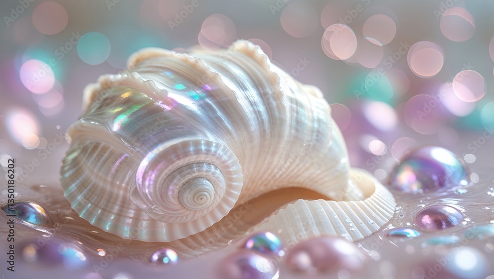 Poster delicate seashell rests on shimmering surface surrounded by iridescent bubbles