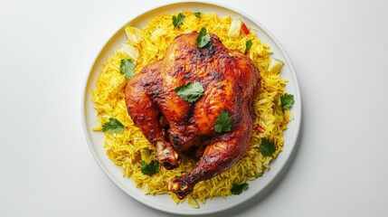 Whole red chicken on mandi rice yellow rice top view