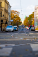 Tram tracks in a road crossing in the city.